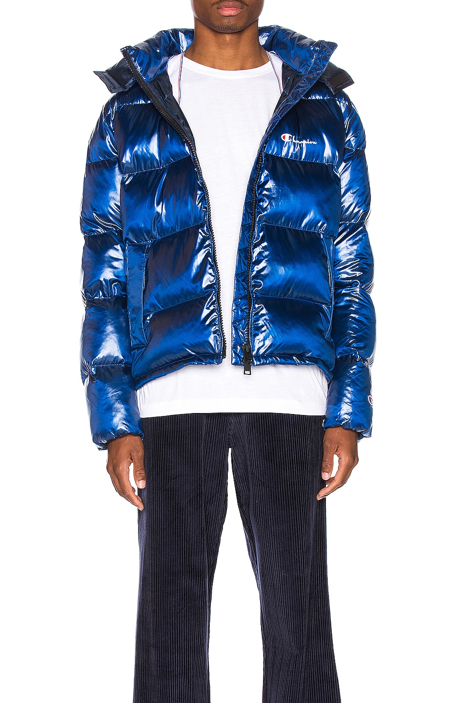 Image 1 of Champion Reverse Weave Melange Hooded Puff Jacket in Blue Jay
