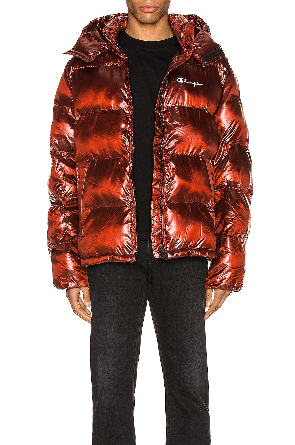 Image 1 of Champion Reverse Weave Melange Hooded Puff Jacket in Red Spark