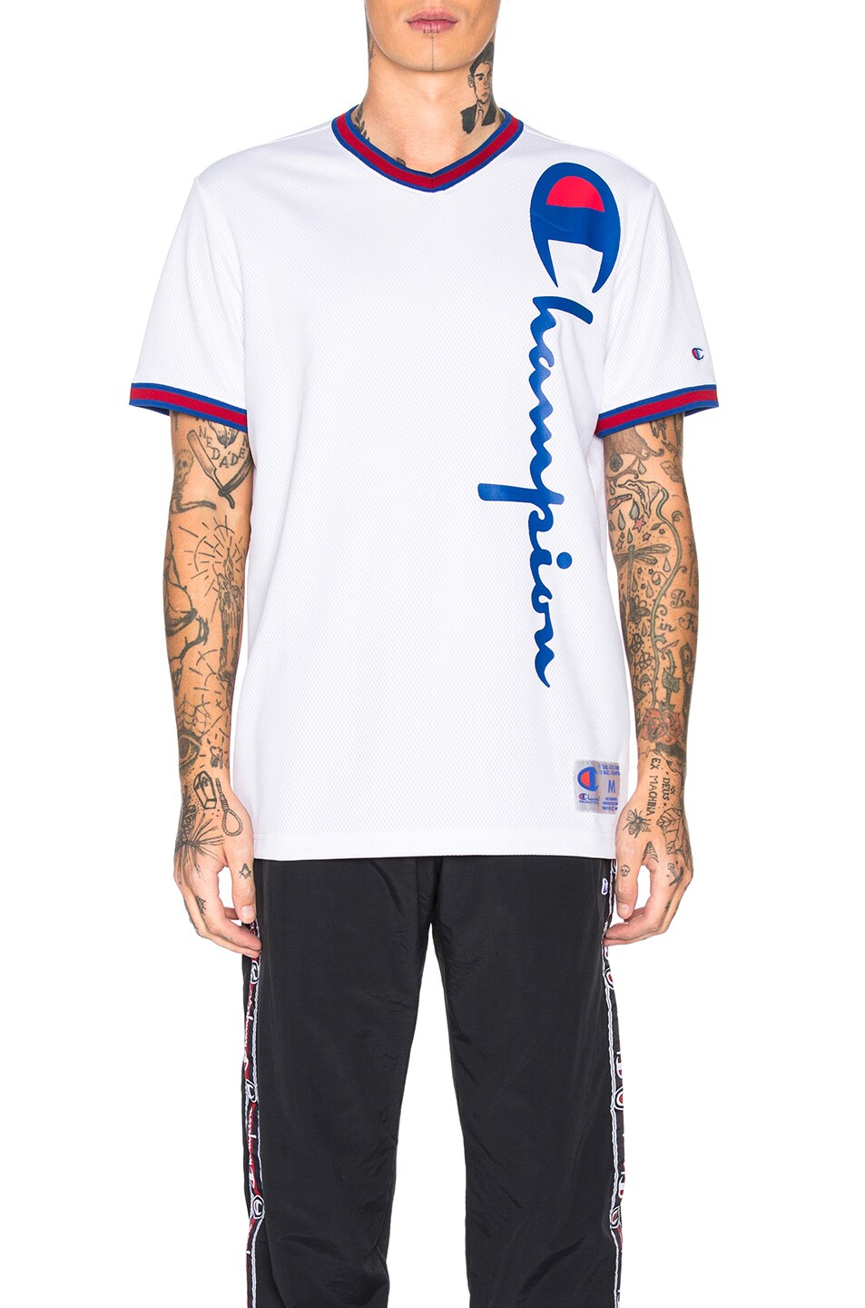 Image 1 of Champion Reverse Weave Champion V-Neck Logo Tee in White & Red & Blue