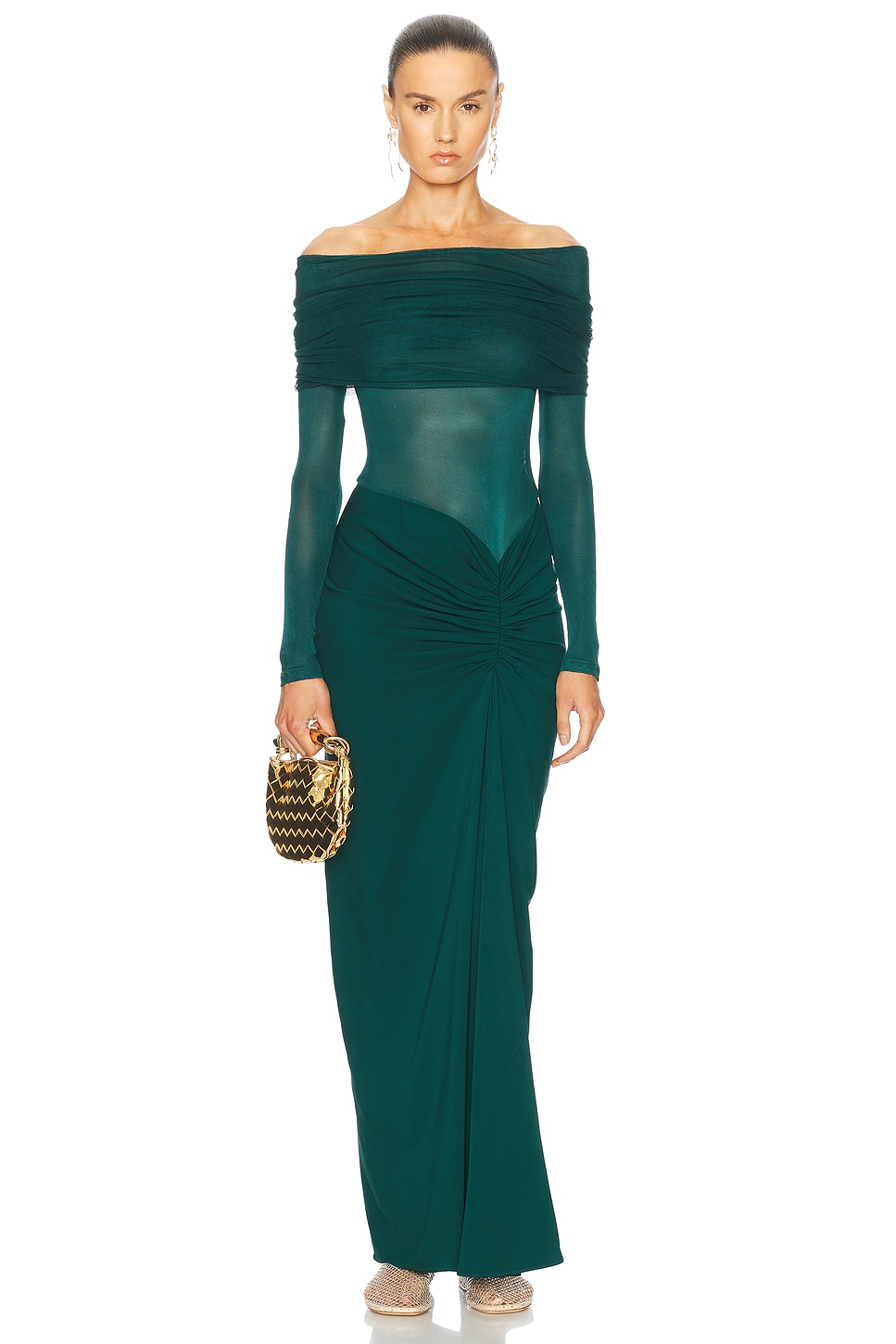 Image 1 of Christopher Esber Sonora Veiled Long Sleeve Ruched Dress in Evergreen