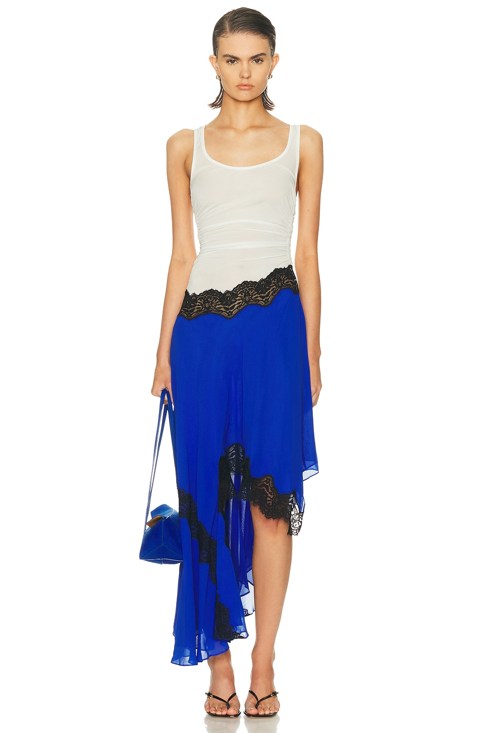 Image 1 of Christopher Esber Cutaway Lace Gathered Tank Dress in Yves Blue & Multi