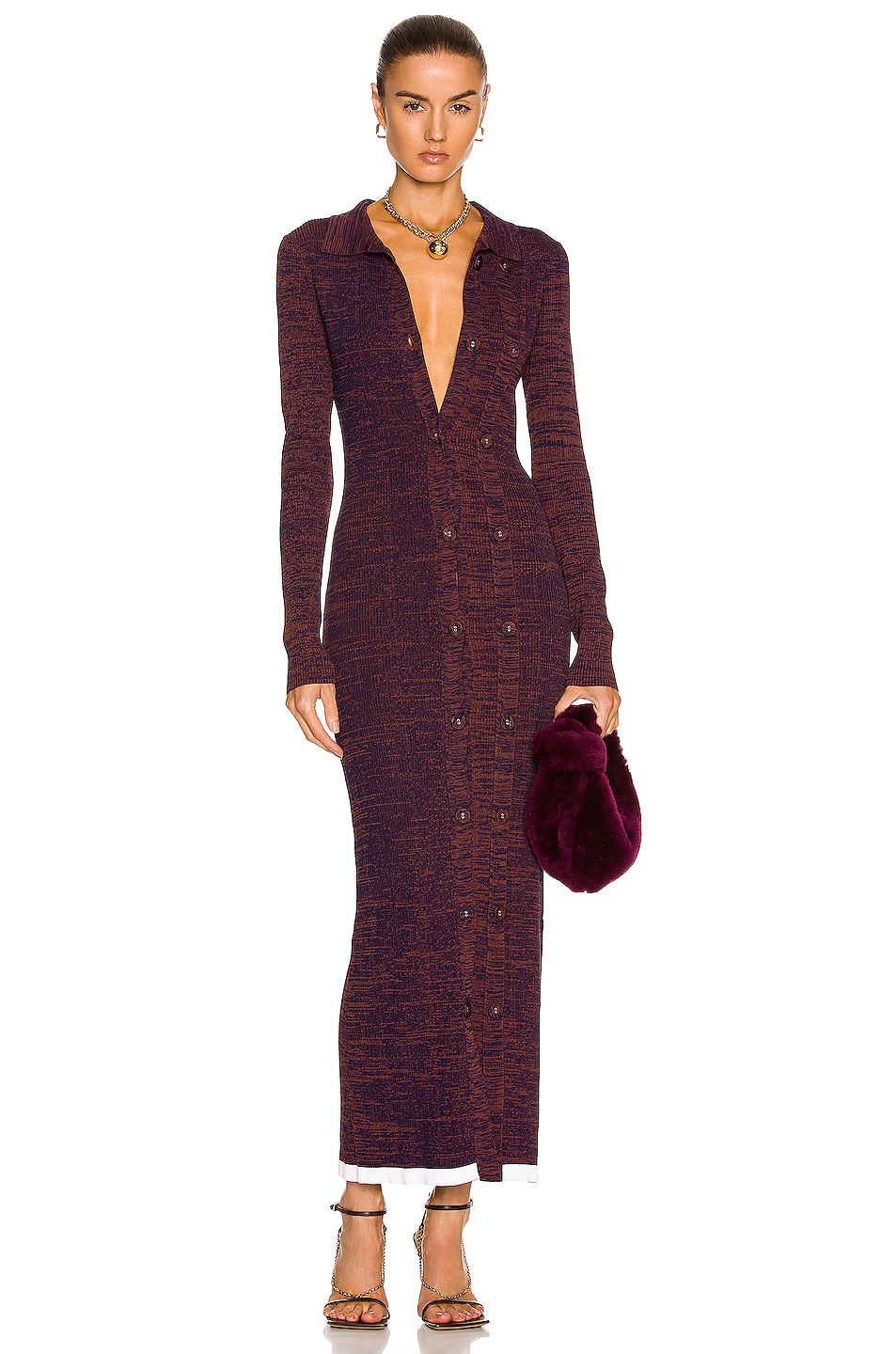 Image 1 of Christopher Esber Elongated Double Button Cardigan Dress in Navy Maroon Marle