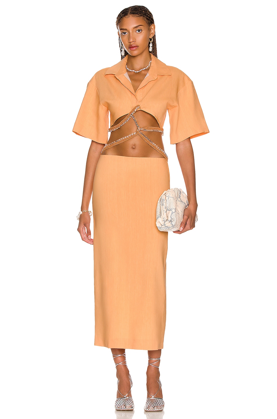 Image 1 of Christopher Esber Beaded Torso Linen Shirt Dress in Tangerine with Glass Bead