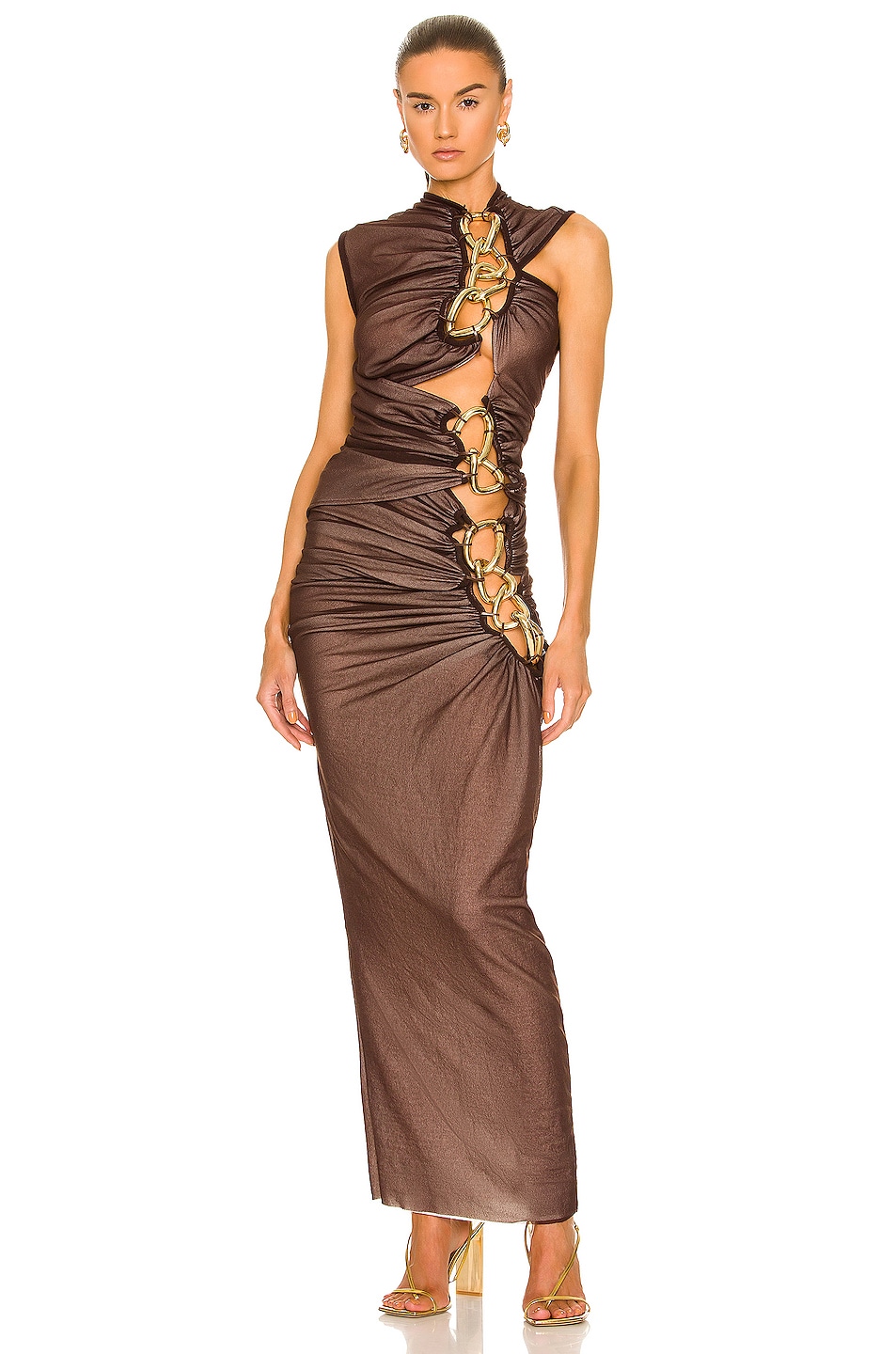 Image 1 of Christopher Esber Gold Link Sheer Dress in Chocolate