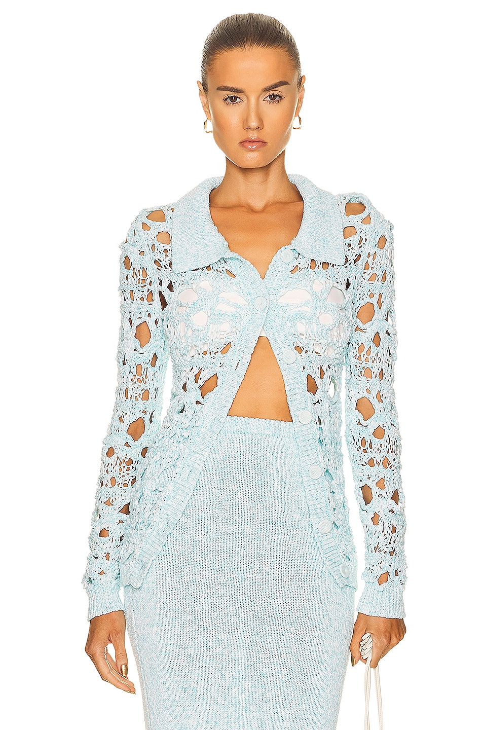 Image 1 of Christopher Esber Crochet Button Up Cardigan in Iced Aqua Marle
