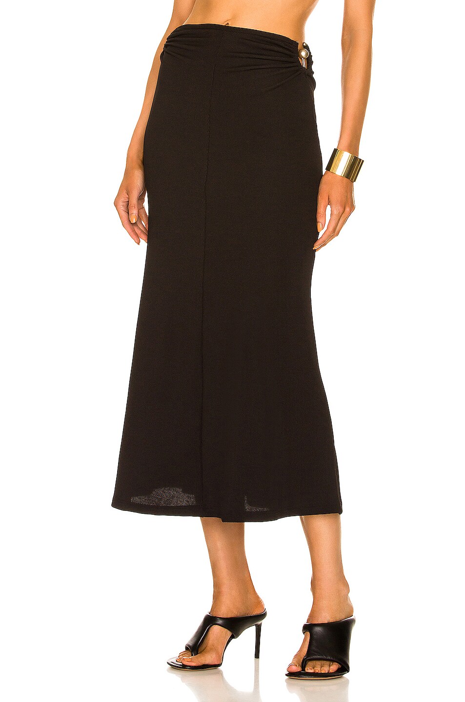 Image 1 of Christopher Esber Orbit Ruched Side Buckle Midi Skirt in Black