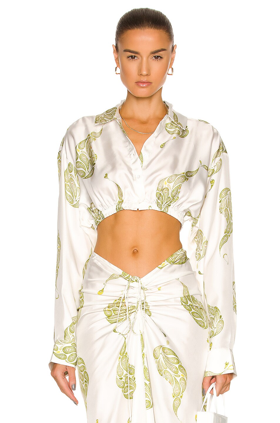 Image 1 of Christopher Esber Ruched Crop Shirt in Fern Paisley Print