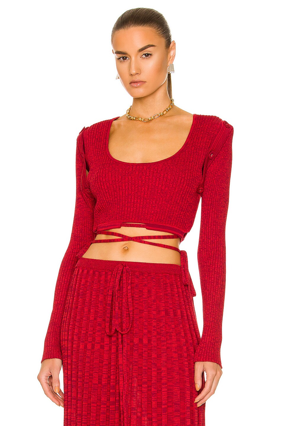 Image 1 of Christopher Esber Deconstruct Long Sleeve Knit Tie Crop Top in Chilli