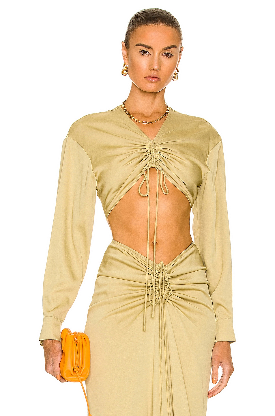 Image 1 of Christopher Esber Ruched Crop Shirt in Pistachio