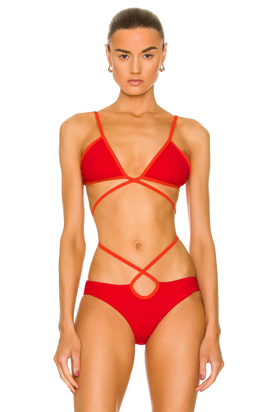 Image 1 of Christopher Esber Looped Tie Bikini Top in Rubrum Red & Vermillion
