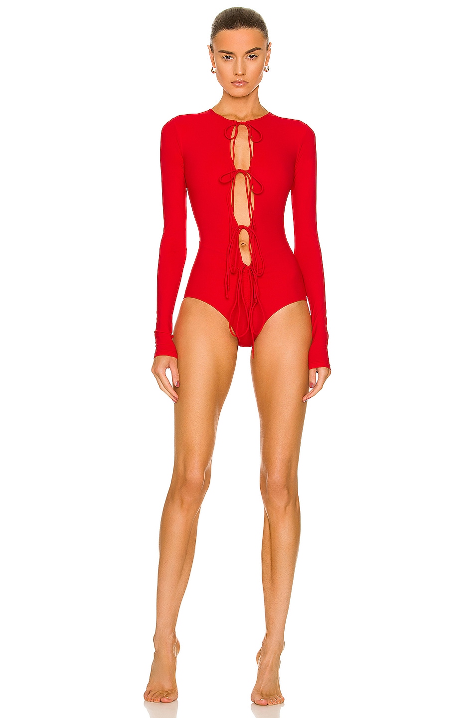 Image 1 of Christopher Esber Bertoia Long Sleeve Ruched Swimsuit in Rubrum Red
