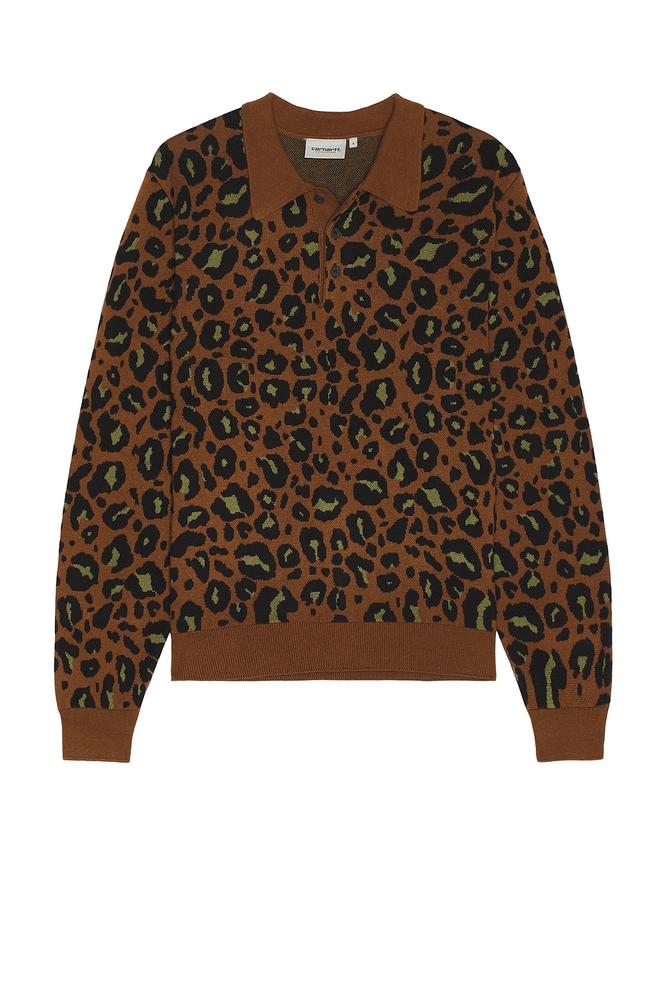 Image 1 of Carhartt WIP Longsleeve Arlo Polo in Camo Leo Jacquard, Tamarind, & Black