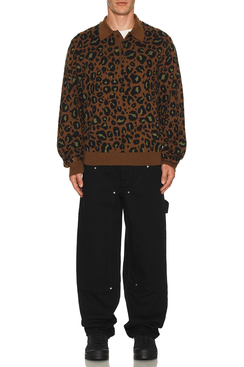 Image 1 of Carhartt WIP Longsleeve Arlo Polo in Camo Leo Jacquard, Tamarind, & Black