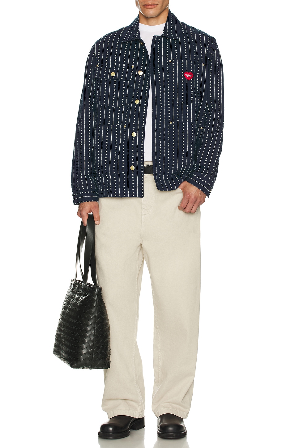 Image 1 of Carhartt WIP Drewe Chore Coat in Rinsed Heart C Pinstripe, Ink, & Natural