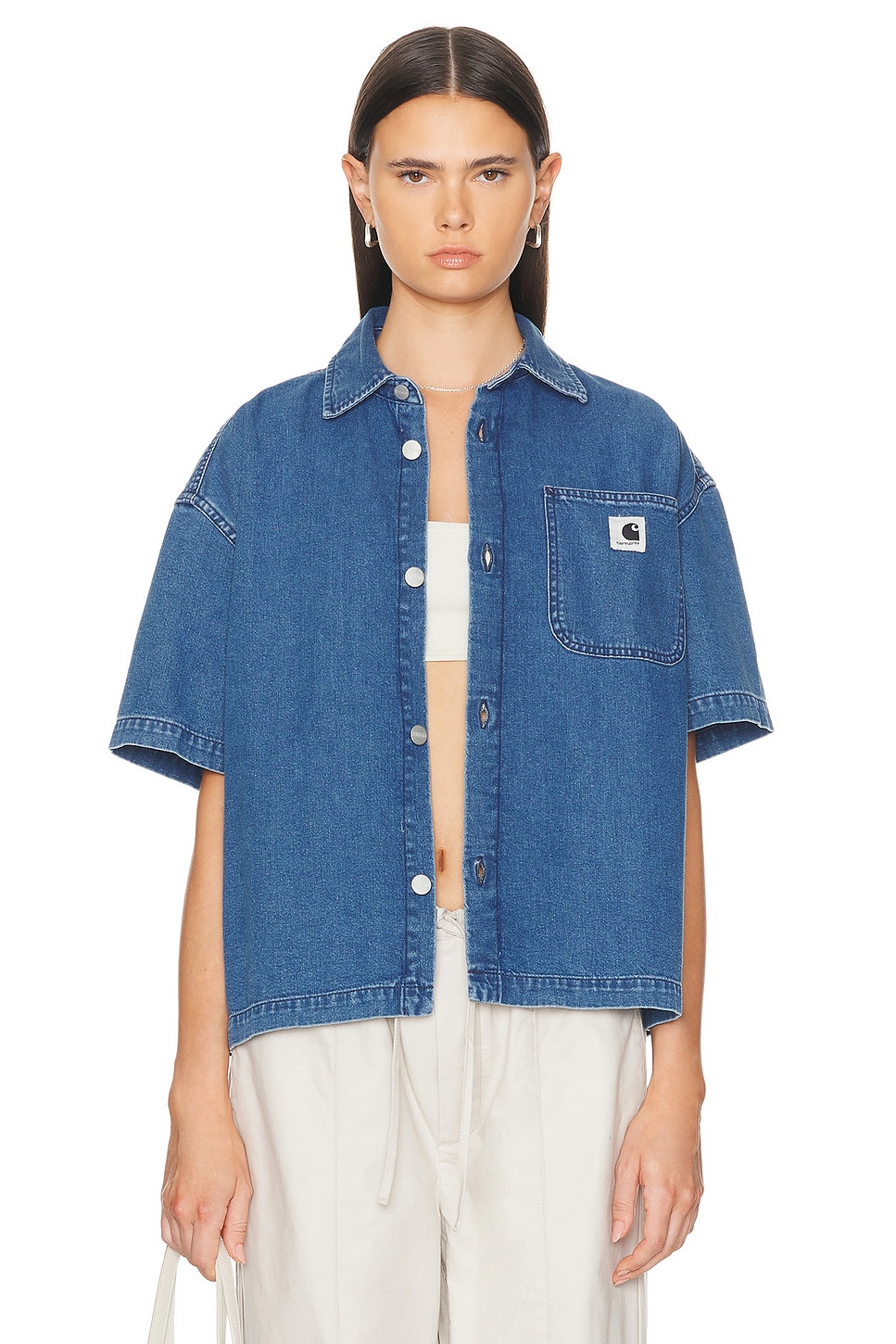 Image 1 of Carhartt WIP Short Sleeve Lovilia Shirt in Blue Heavy Stone Wash