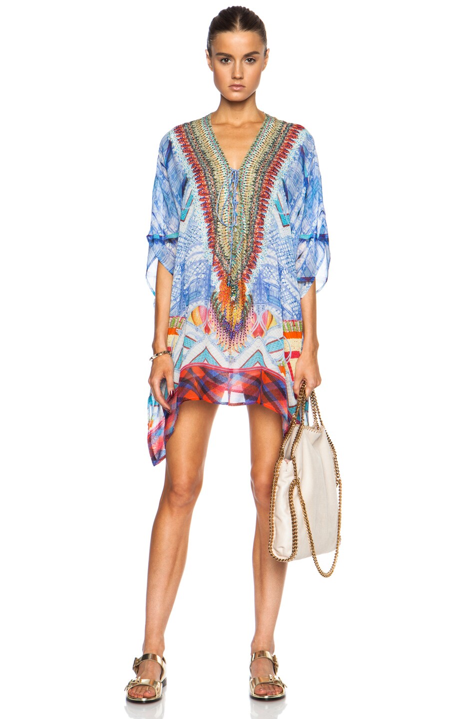 Image 1 of Camilla Short Lace Up Silk Caftan in Crossing Paths