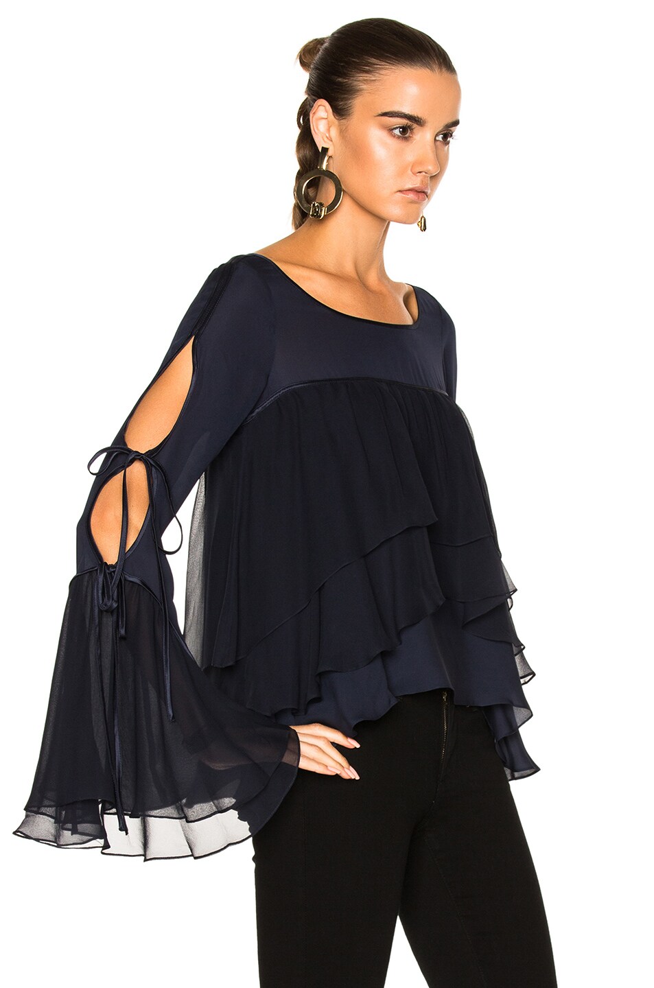 CINQ À SEPT Tessa Tiered Silk Ruffle Top, Navy | ModeSens