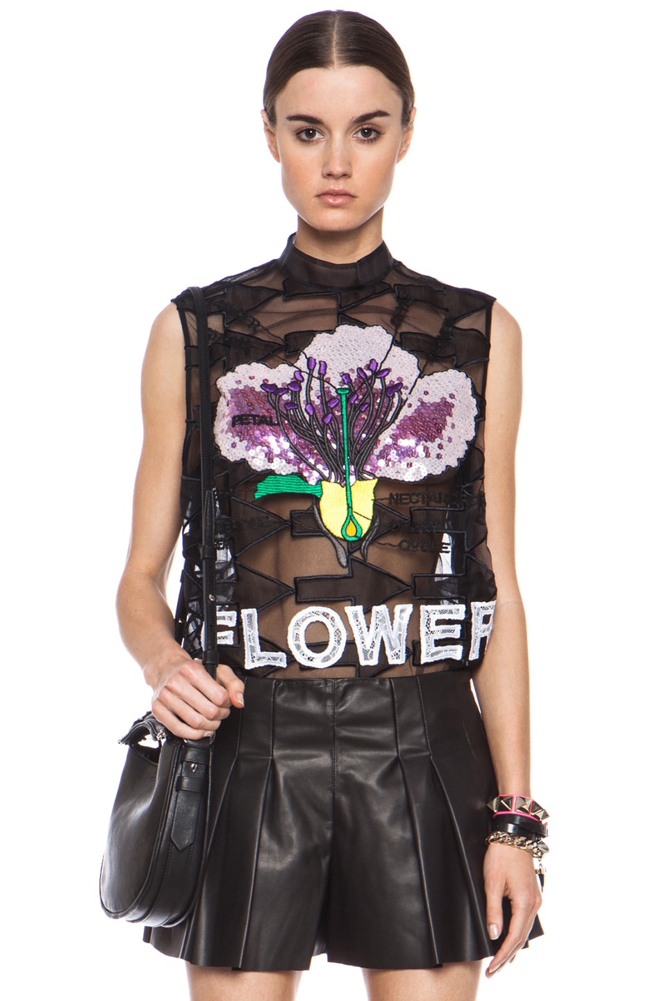 Image 1 of Christopher Kane Black Across Arrow Silk-Blend Embroidered Tank in Multi