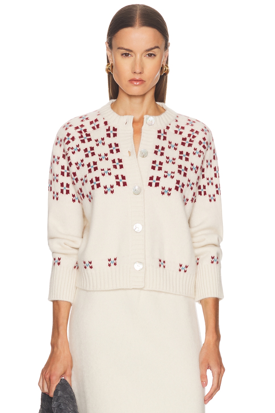 Image 1 of Calle Del Mar Winter Fair Isle Cardigan in Natural & Oxblood