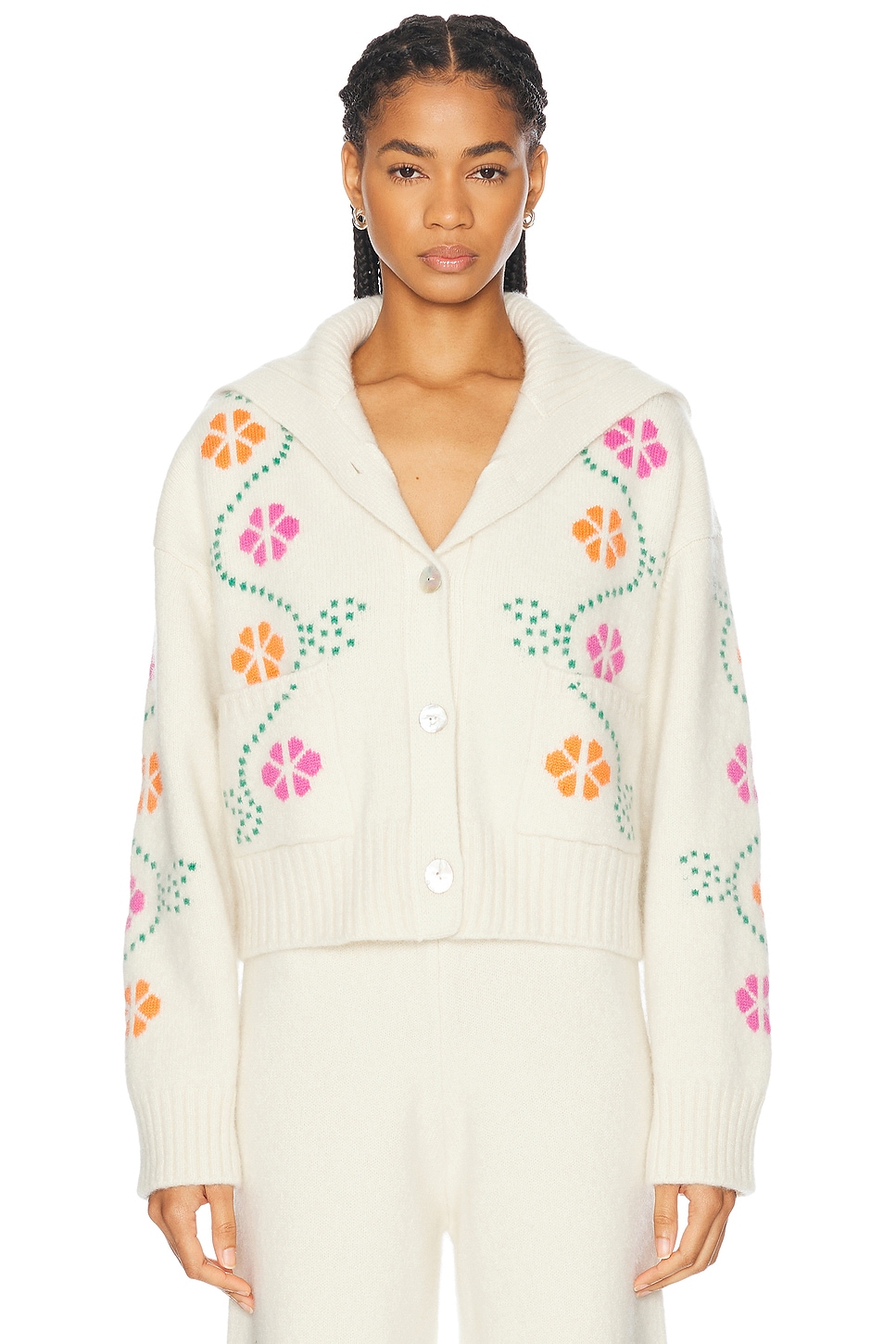 Cashmere Vine Floral Cardigan in Cream