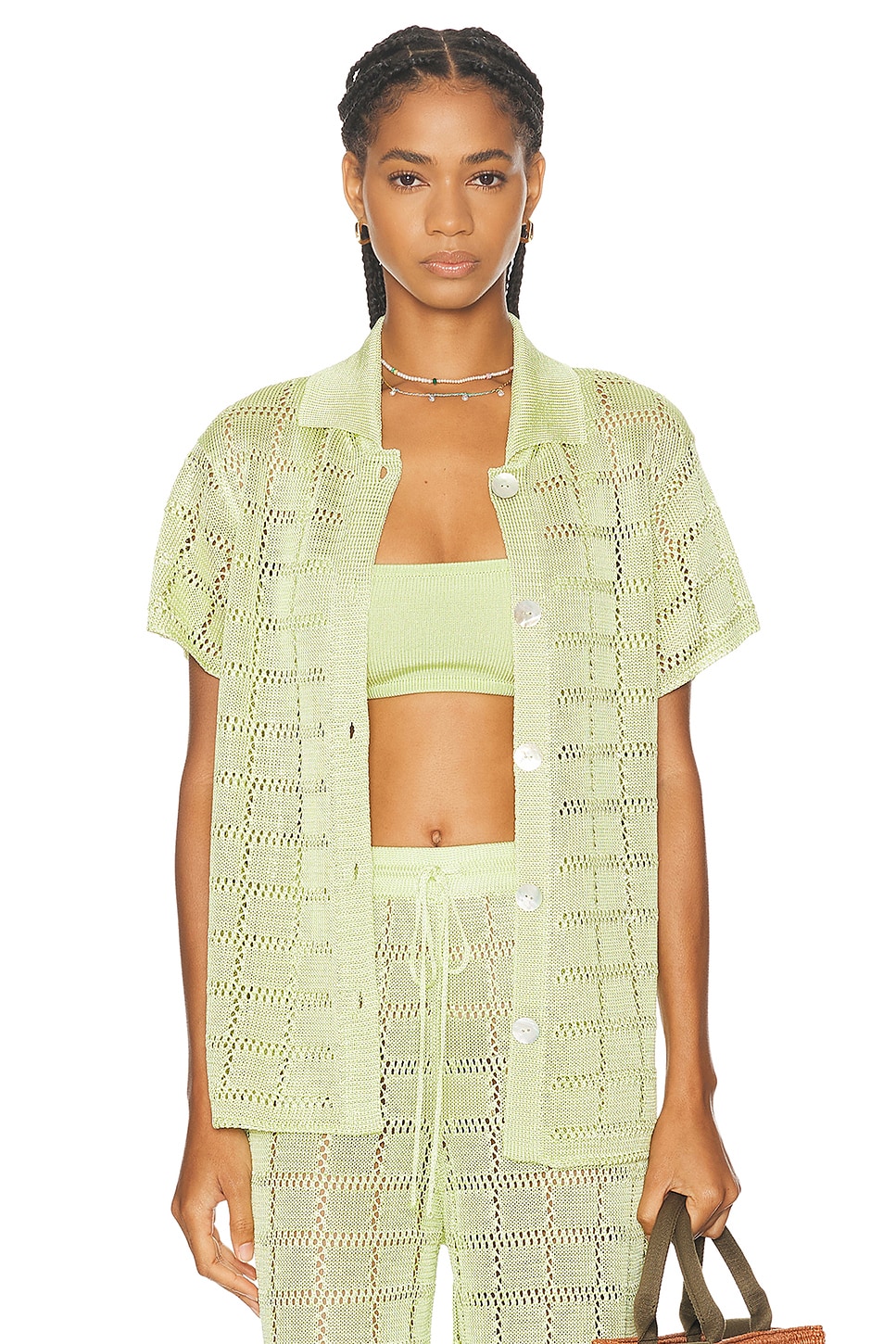 Image 1 of Calle Del Mar Crochet Short Sleeve Patchwork Shirt in Sweet Lime