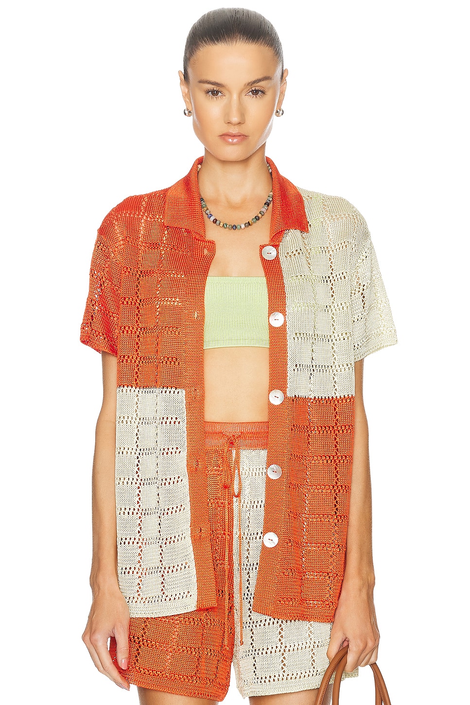 Image 1 of Calle Del Mar For Fwrd Two Tone Short Sleeve Patchwork Shirt in Tomato & Jasmine