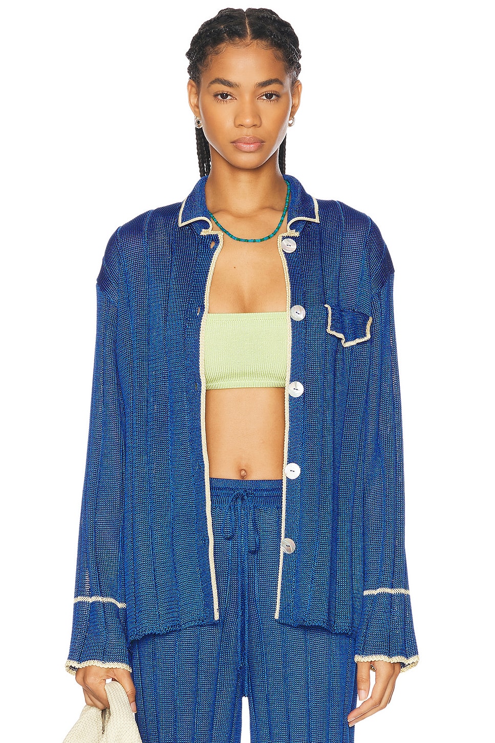 Wide Rib Long Sleeve Pajama Shirt in Blue