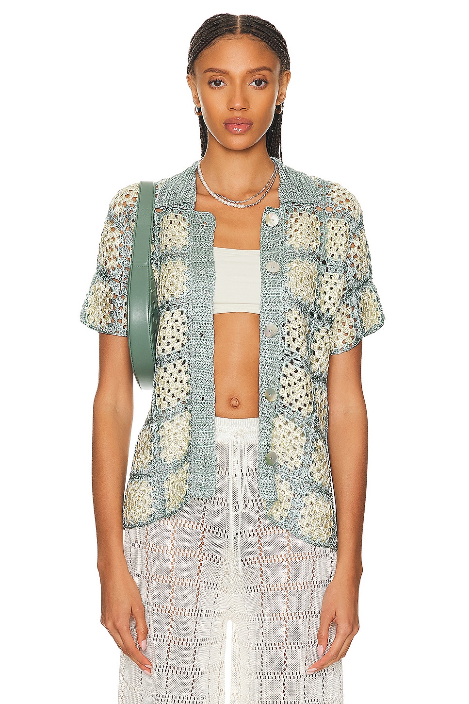 Image 1 of Calle Del Mar Crochet Short Sleeve Patchwork Shirt in Storm & Jasmine