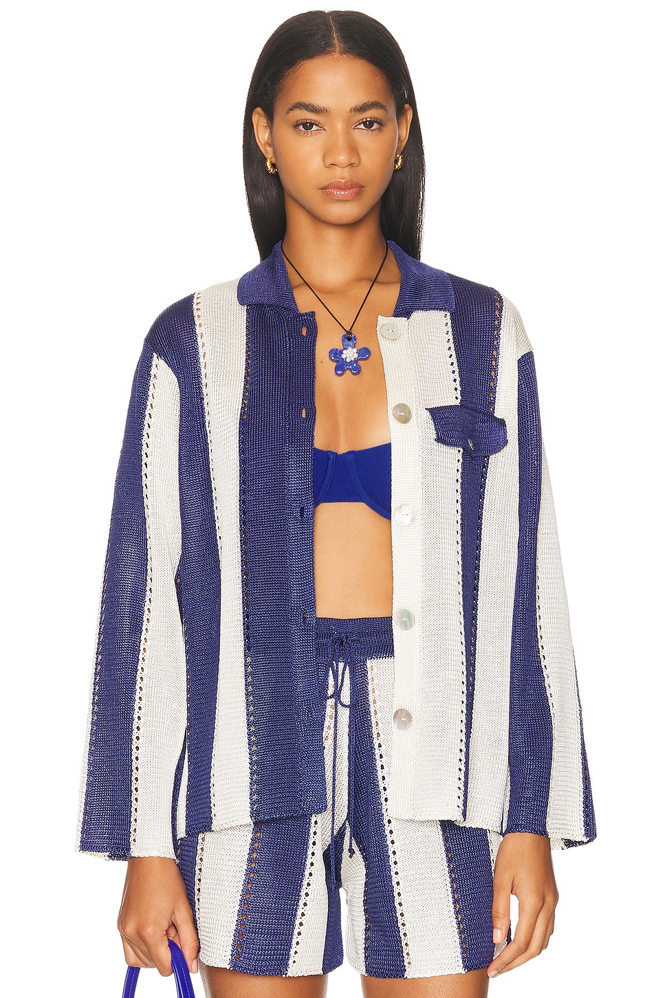 Image 1 of Calle Del Mar Cabana Stripe Long Sleeve Shirt in Navy & Natural