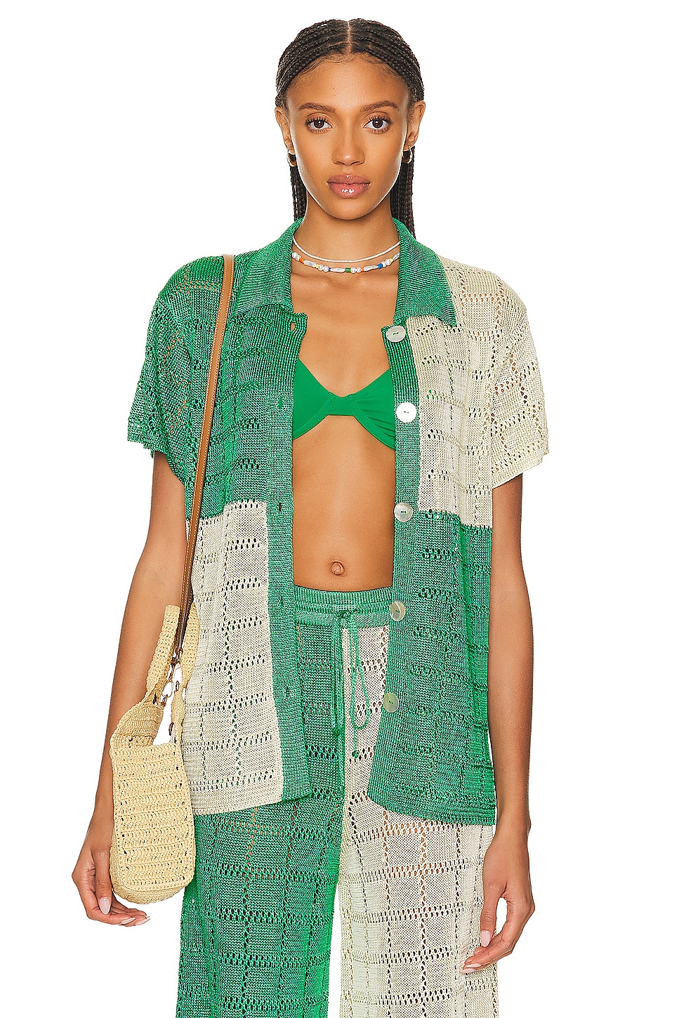 Image 1 of Calle Del Mar Crochet Short Sleeve Patchwork Shirt in Dandelion & Jasmine