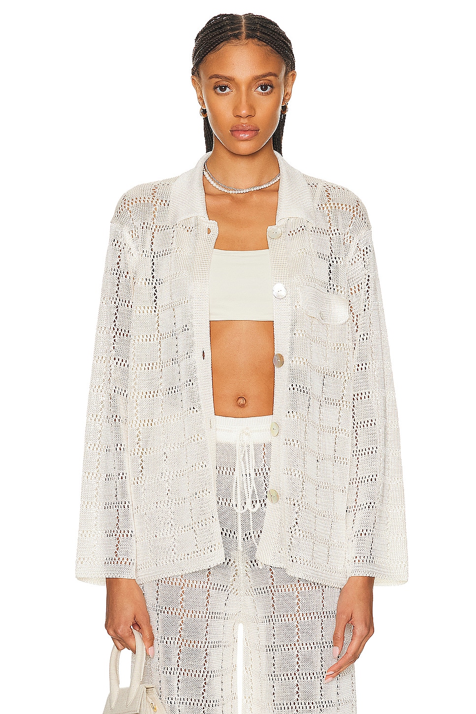 Image 1 of Calle Del Mar Crochet Long Sleeve Patchwork Shirt in Natural