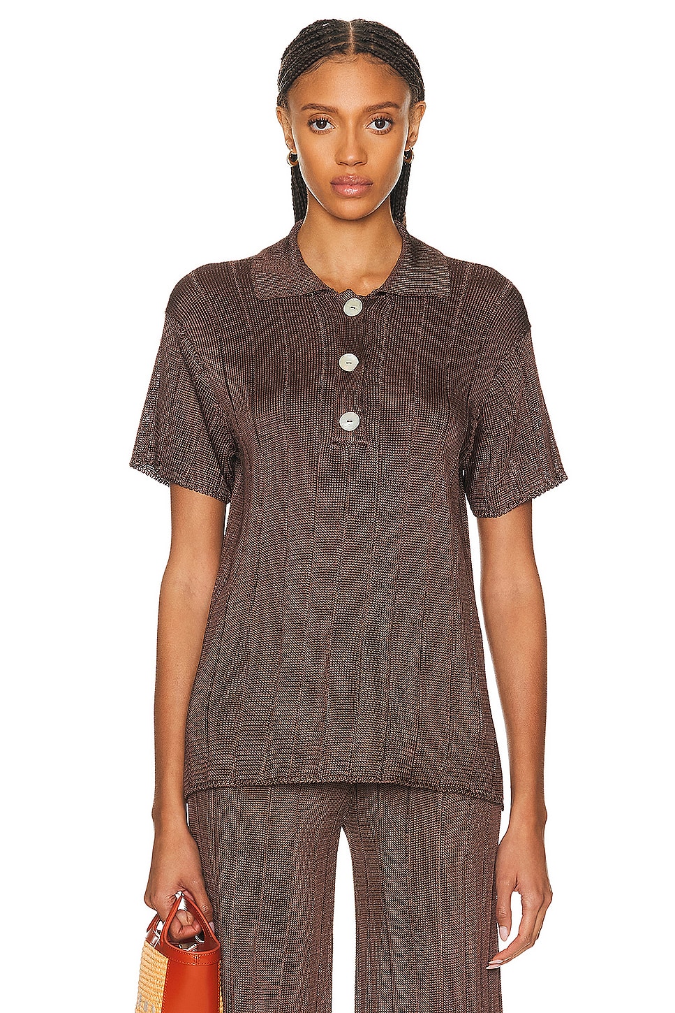 Image 1 of Calle Del Mar Short Sleeve Wide Rib Polo Top in Chocolate