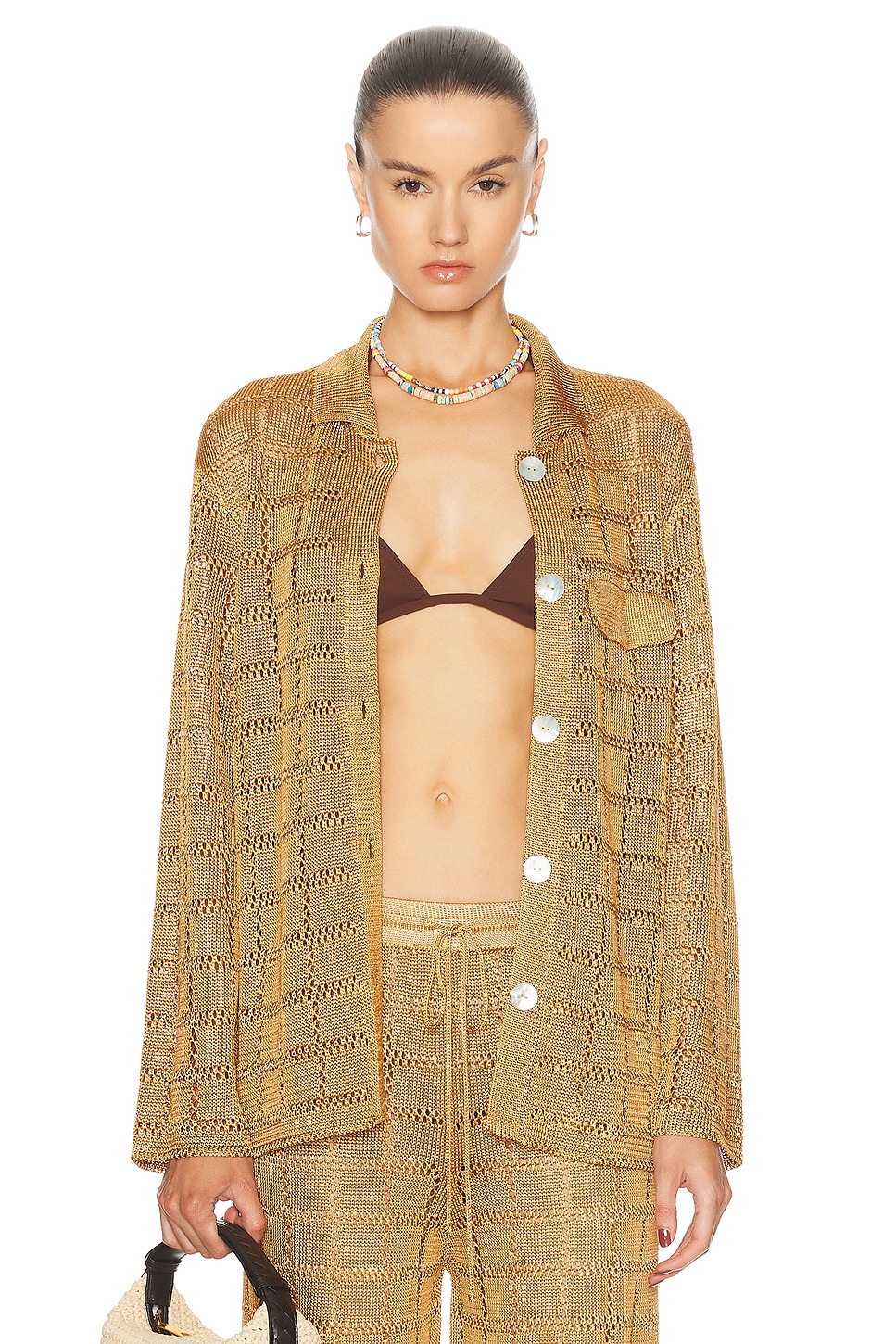Image 1 of Calle Del Mar Crochet Long Sleeve Patchwork Shirt in Camel