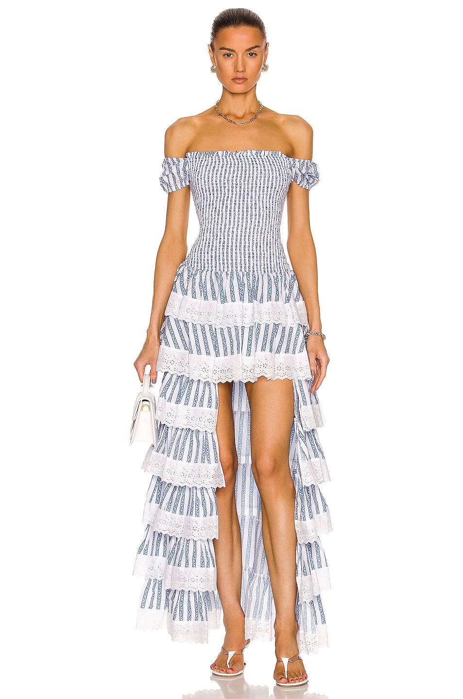 Image 1 of CAROLINE CONSTAS Keegan Gown in White & Blue Toile Stripe
