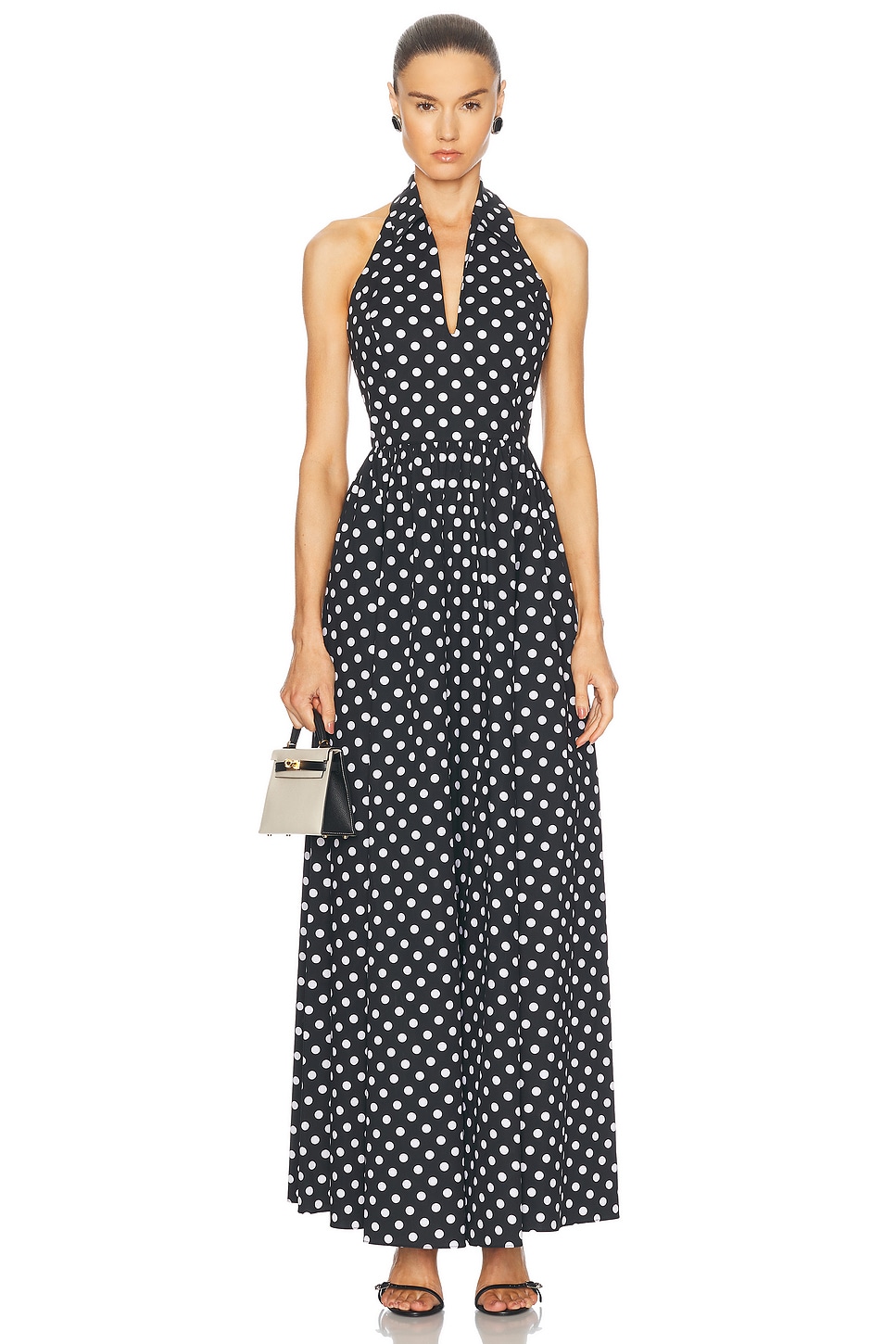 Image 1 of CAROLINE CONSTAS Aya Open Back Collared Gown in Black & White Polka Dot