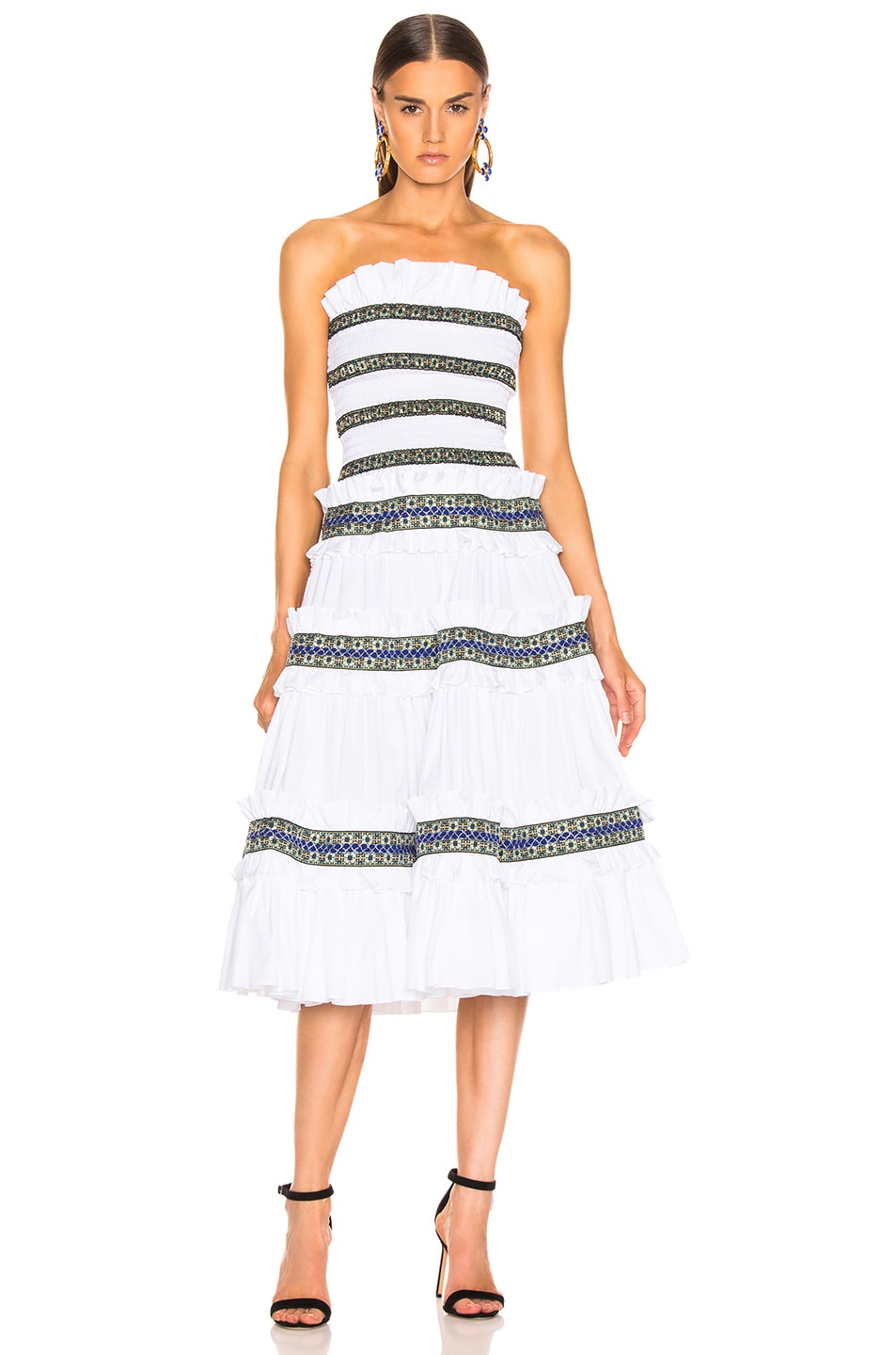 Image 1 of CAROLINE CONSTAS Carina Smocked Dress in White & Blue
