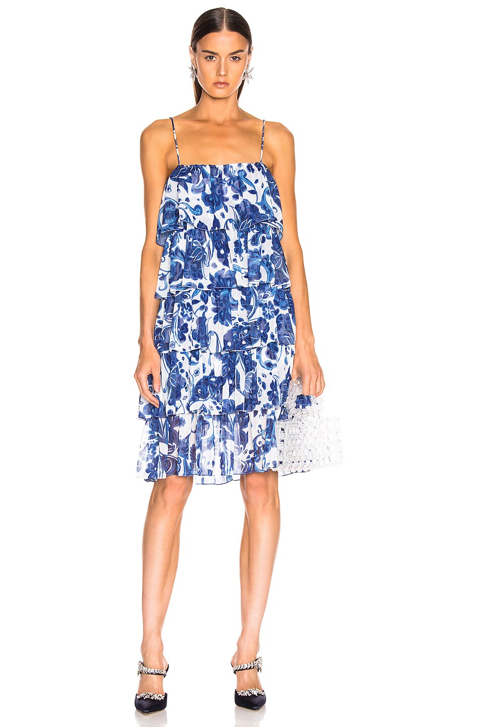 Image 1 of CAROLINE CONSTAS Ruffle Tea Length Dress in Blue Multi