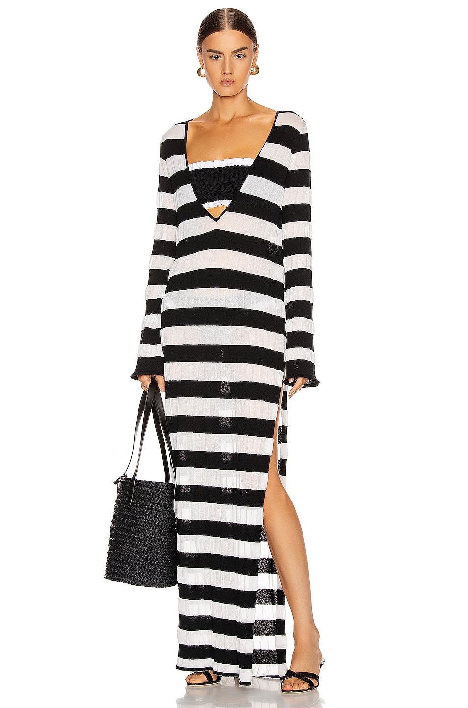 Image 1 of CAROLINE CONSTAS Long Sleeve V-Neck Dress in Black & White