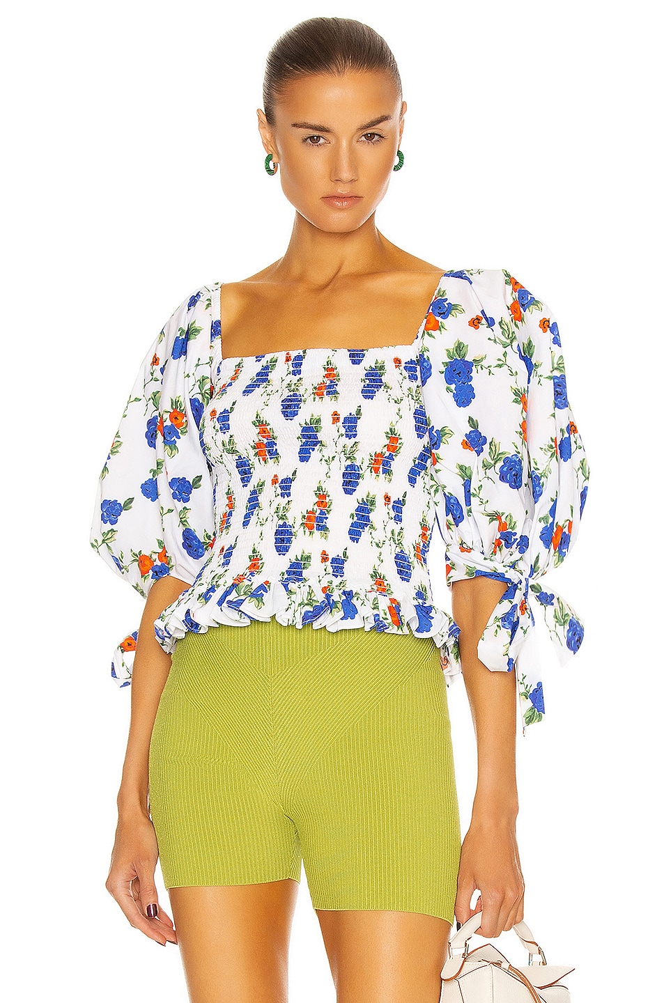 Image 1 of CAROLINE CONSTAS Puff Sleeve Smocked Top in White & Blue