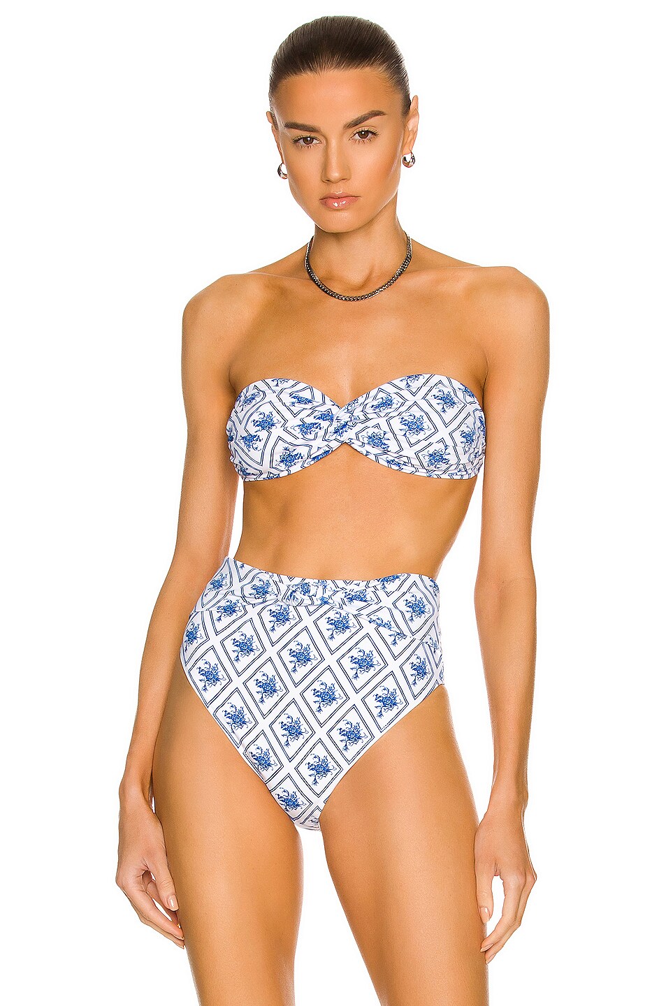 Image 1 of CAROLINE CONSTAS Evie Bikini Top in Blue Diamond Toile