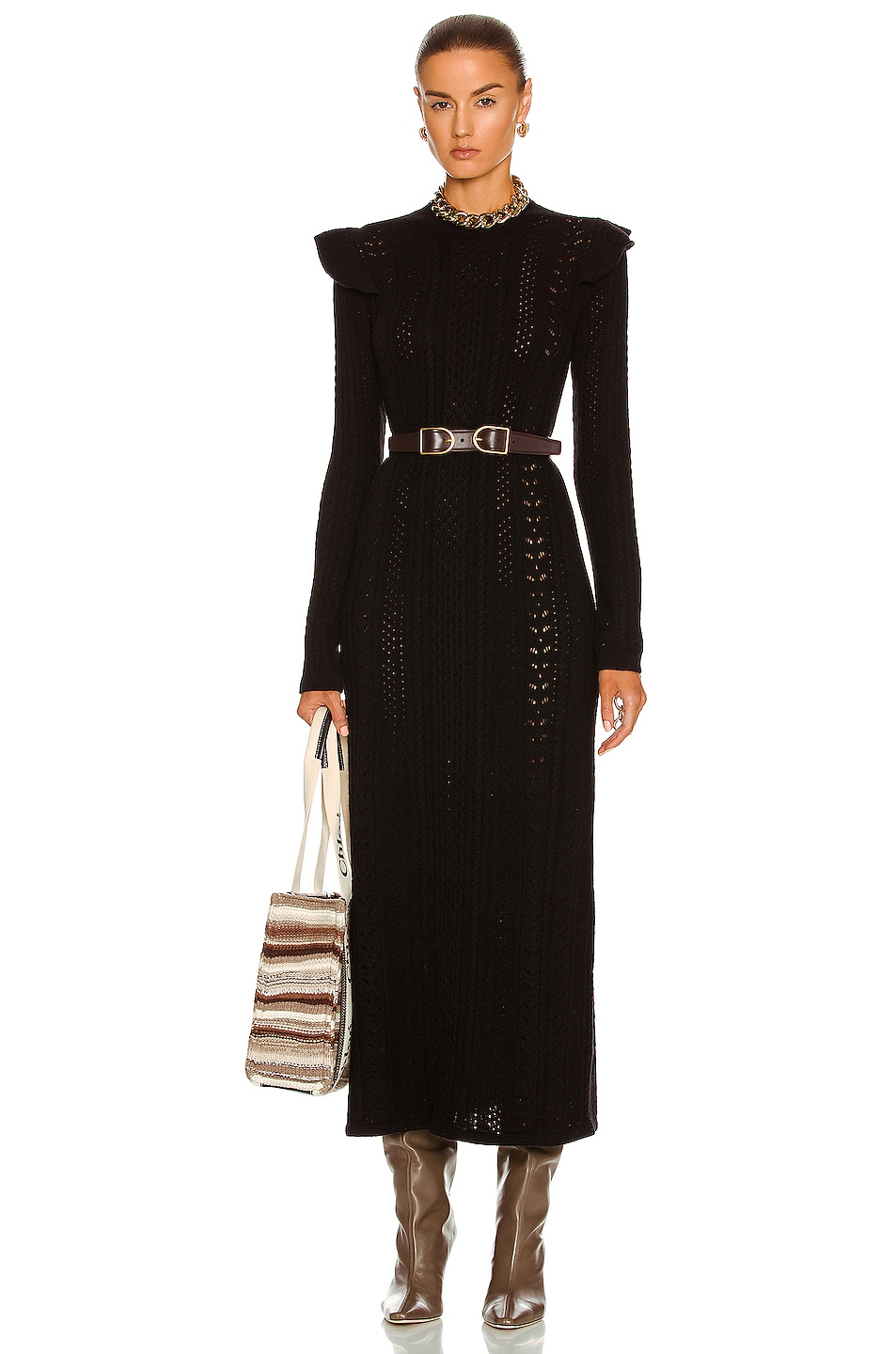 Image 1 of Chloe Broderie Anglaise Wool Cashmere Knit Dress in Black
