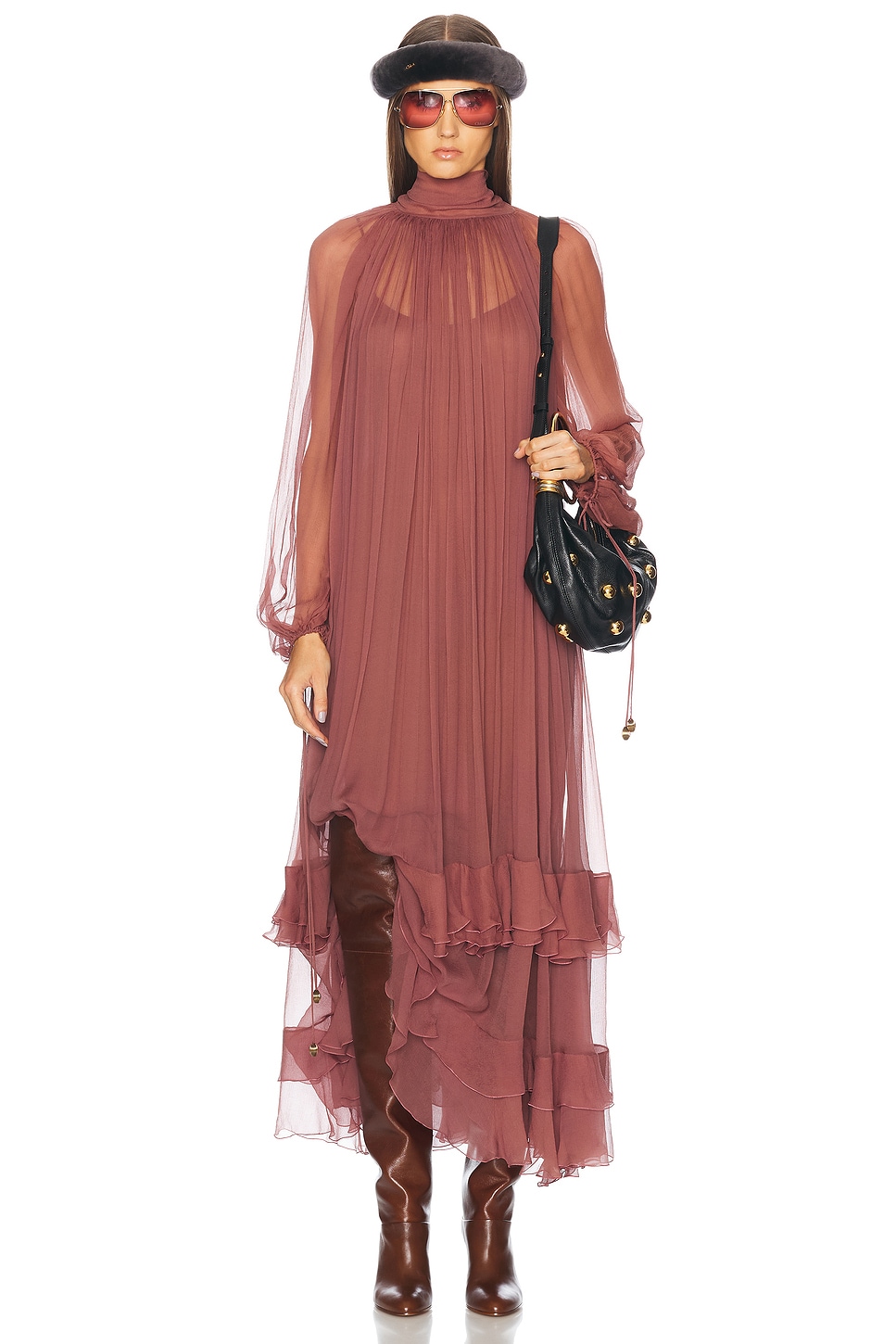 Shop Chloé Long Flue Dress In Woodrose