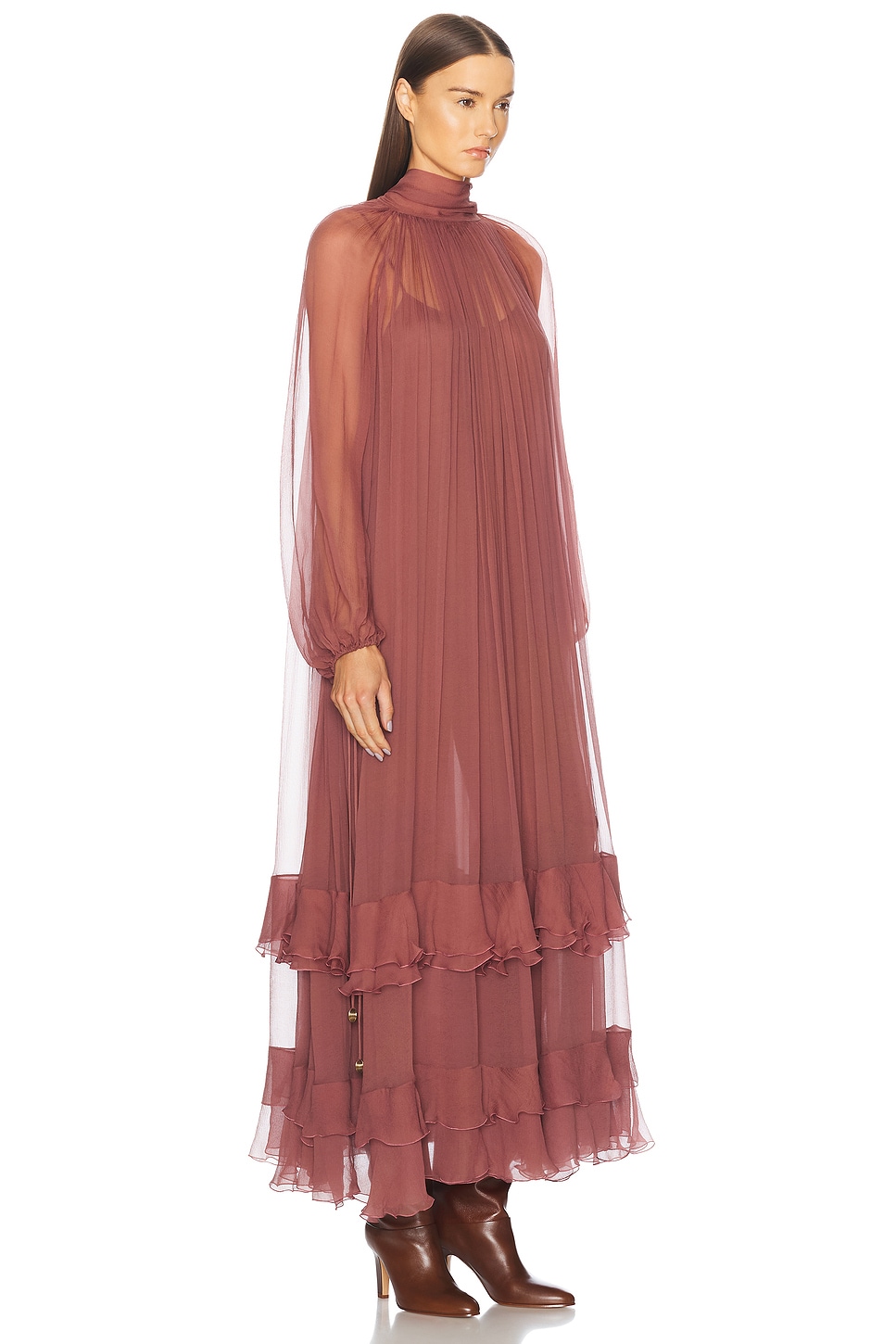 Shop Chloé Long Flue Dress In Woodrose