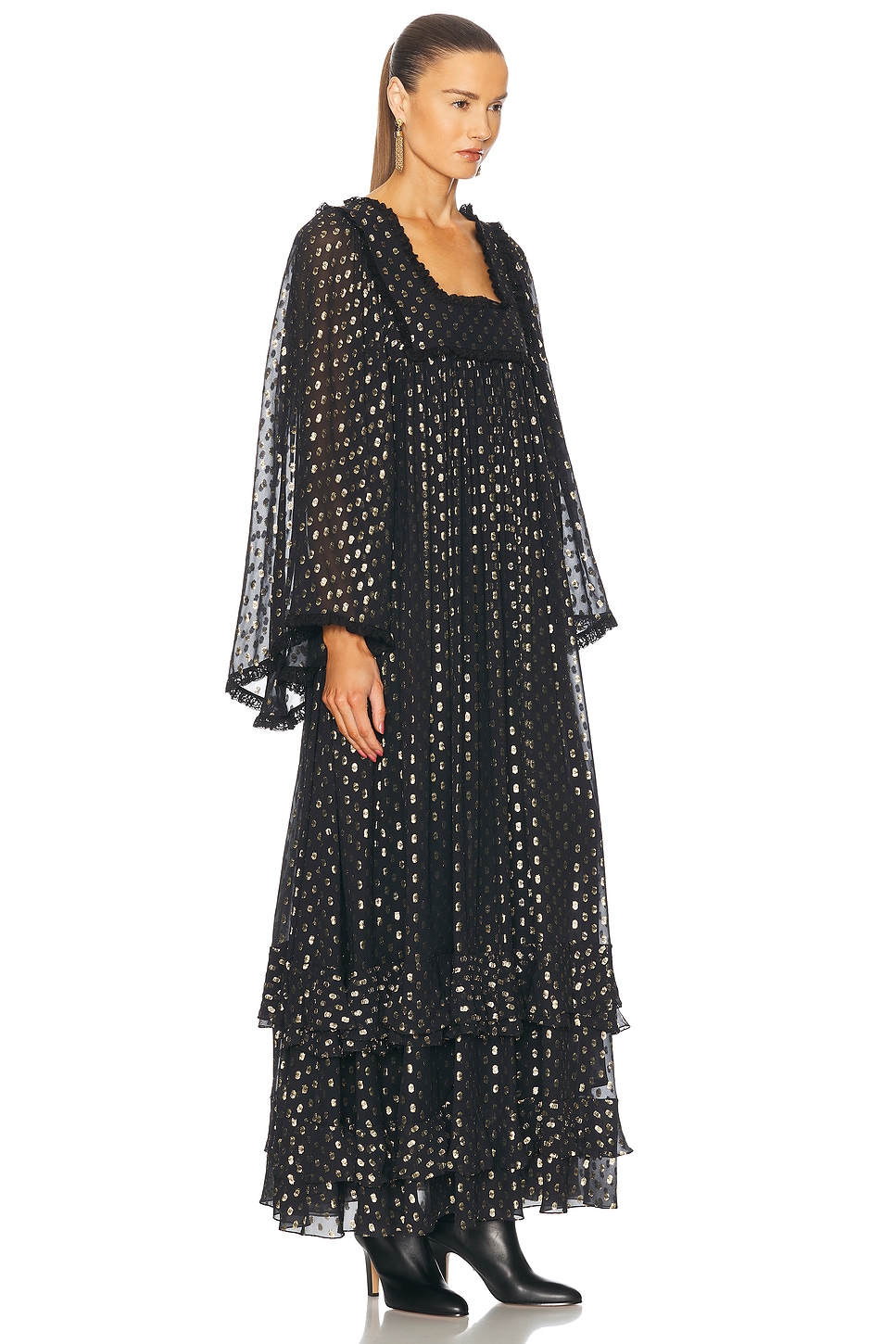 CHLOÉ FLOWY TIERED POLKA DOT LONG DRESS
