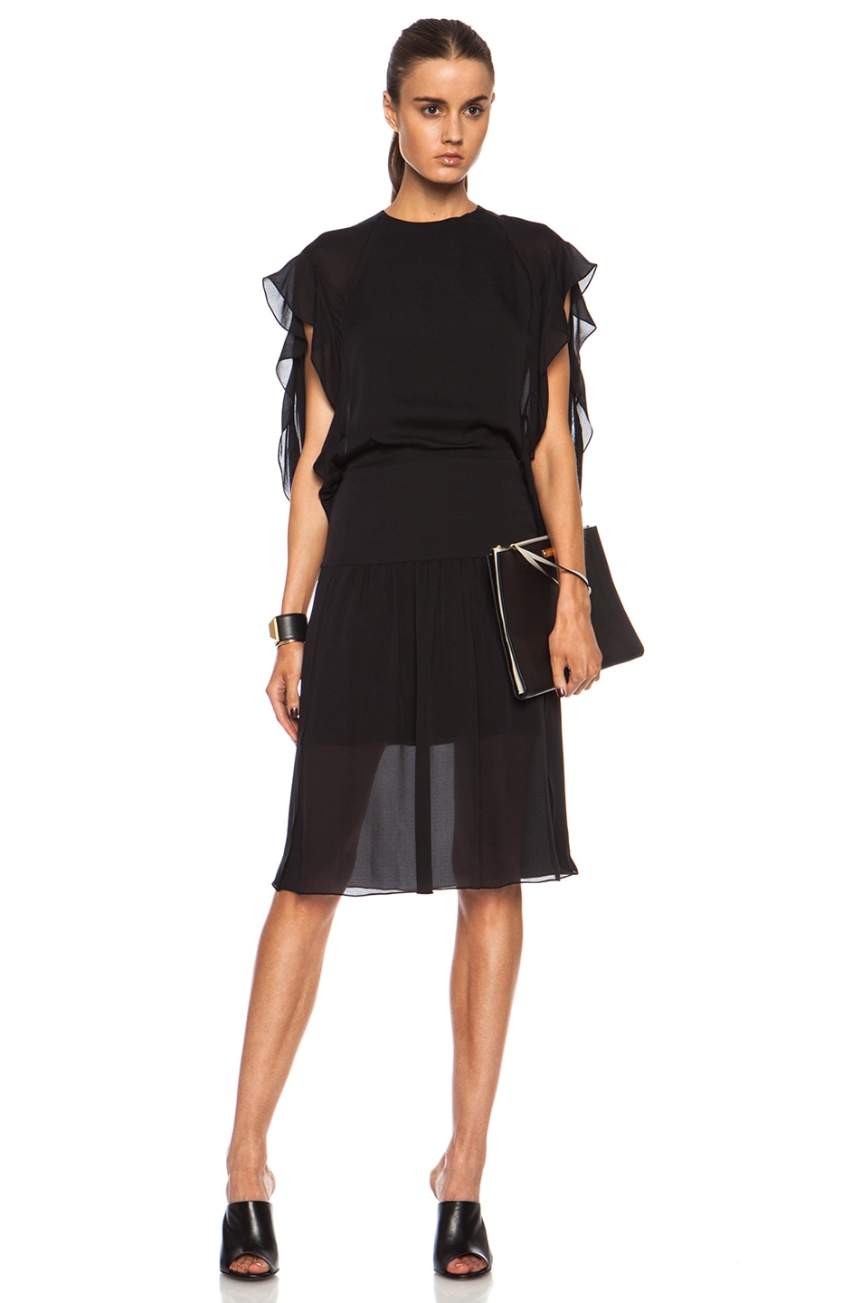 Image 1 of Chloe Silk Georgette Ruffle Sleeve Silk Dress in Black