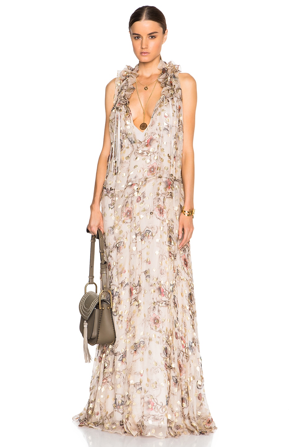Image 1 of Chloe Flower Print Fil Coupe Maxi Dress in Beige & Gold