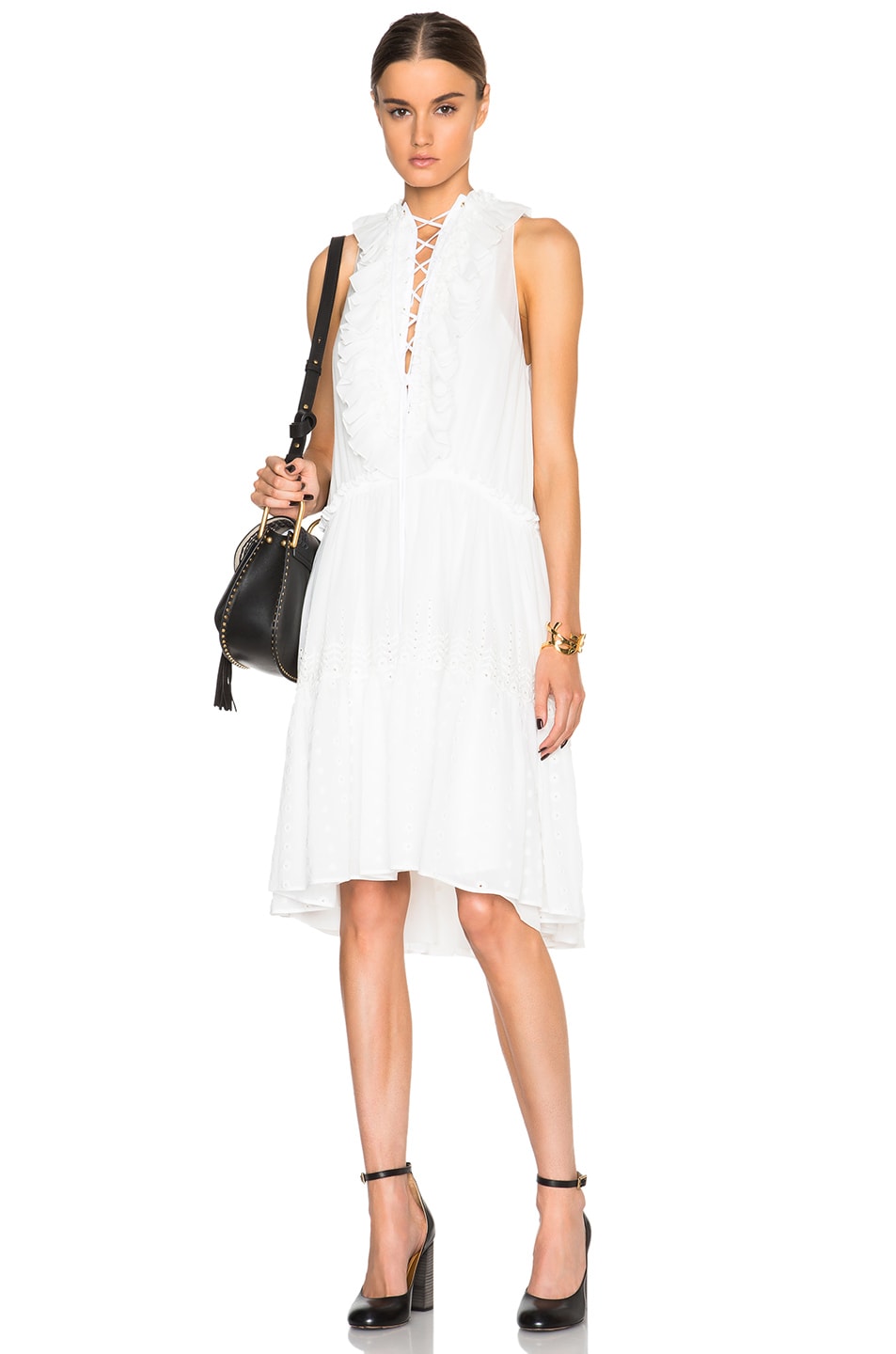 Image 1 of Chloe Embroidered Cotton Voile Lace Up Front Dress in Milk