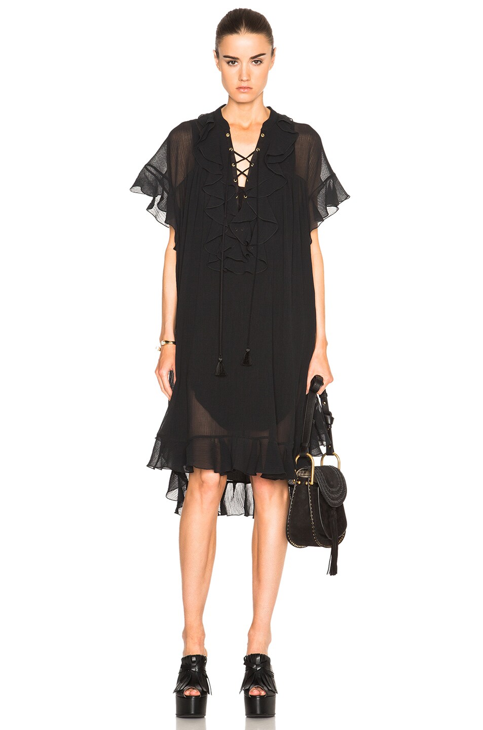Image 1 of Chloe Cotton Crepon Gauze Ruffle Dress in Black