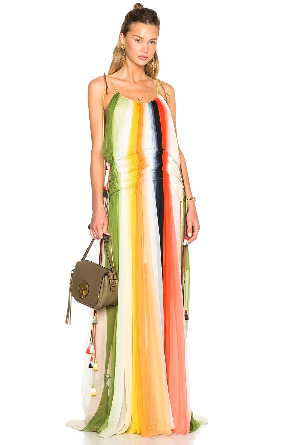 Image 1 of Chloe Rainbow Deep Dye Silk Crepon Dress in Green, Orange & Pink