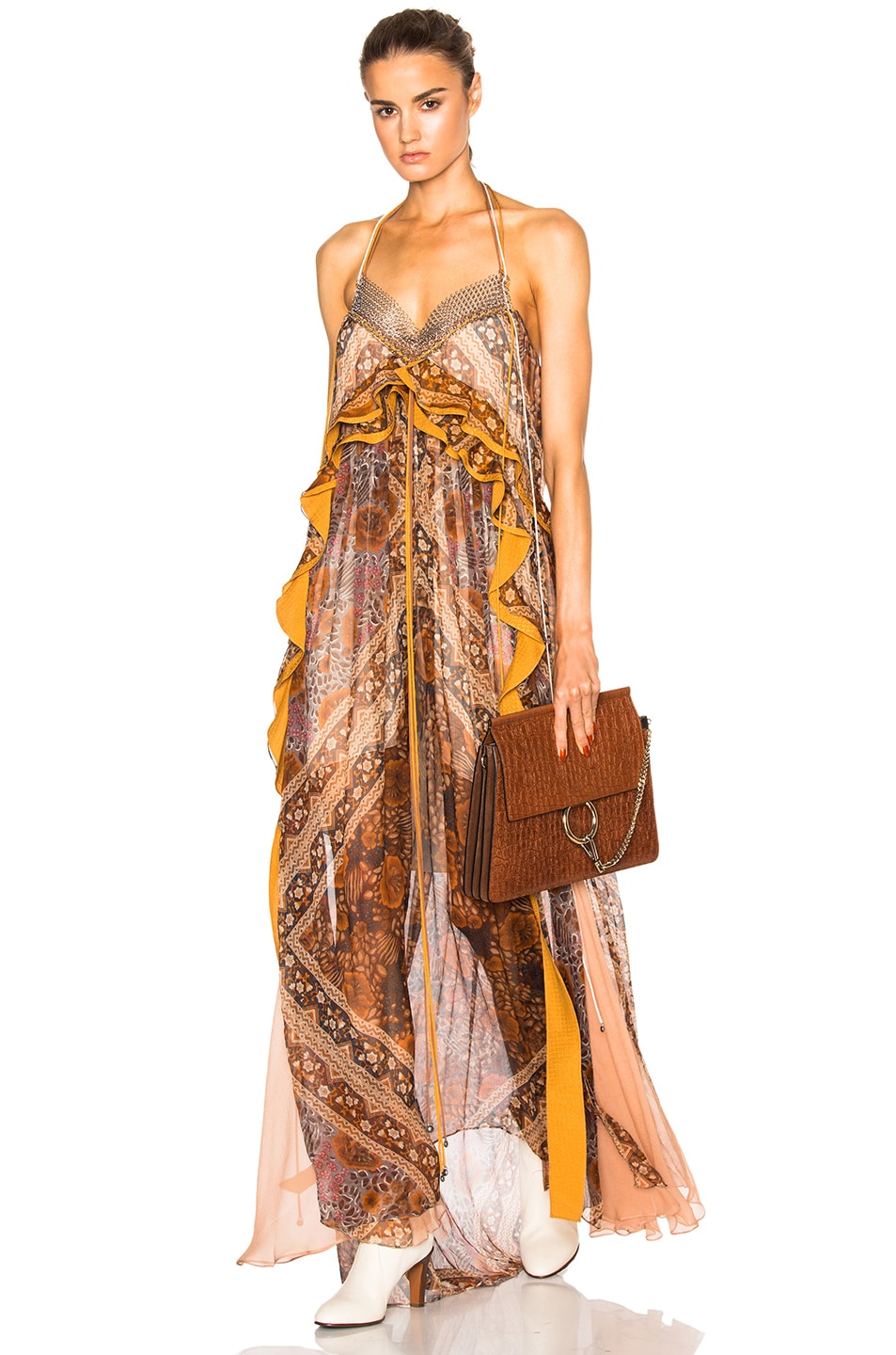 Image 1 of Chloe Foulard Silk Crepon Dress in Orange & Multi